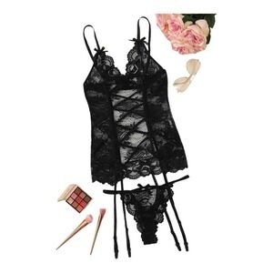 Floral Black lace Open Back Lingerie camisole garter belt size large​​​​​​